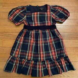 Crewcuts Navy Plaid Puff-Sleeve Dress with Red & Yellow Stripes